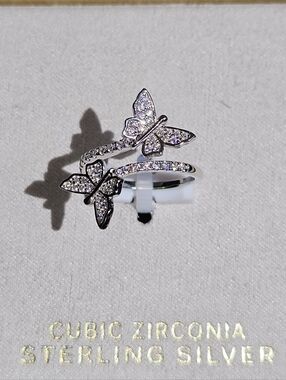 PRIMROSE Sterling Silver Pave Cubic Zirconia Double Butterfly Bypass Ring, 9